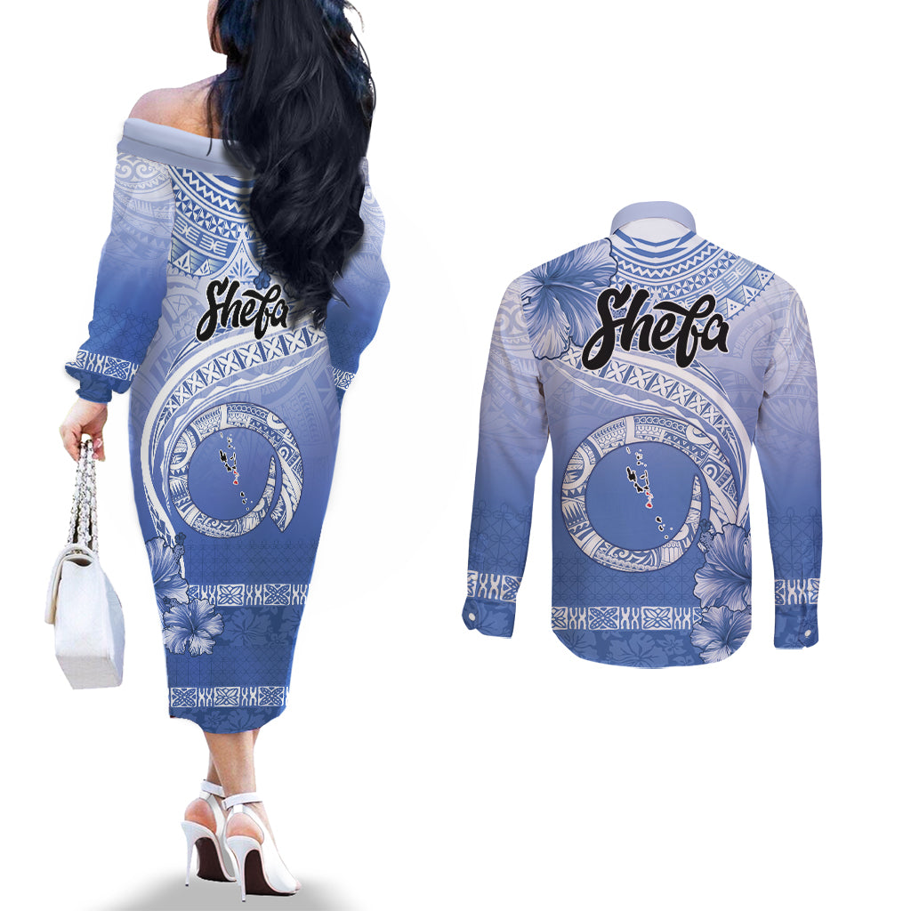 Shefa Vanuatu Couples Matching Off The Shoulder Long Sleeve Dress and Long Sleeve Button Shirt Hibiscus Sand Drawing with Pacific Pattern LT9 - Polynesian Pride