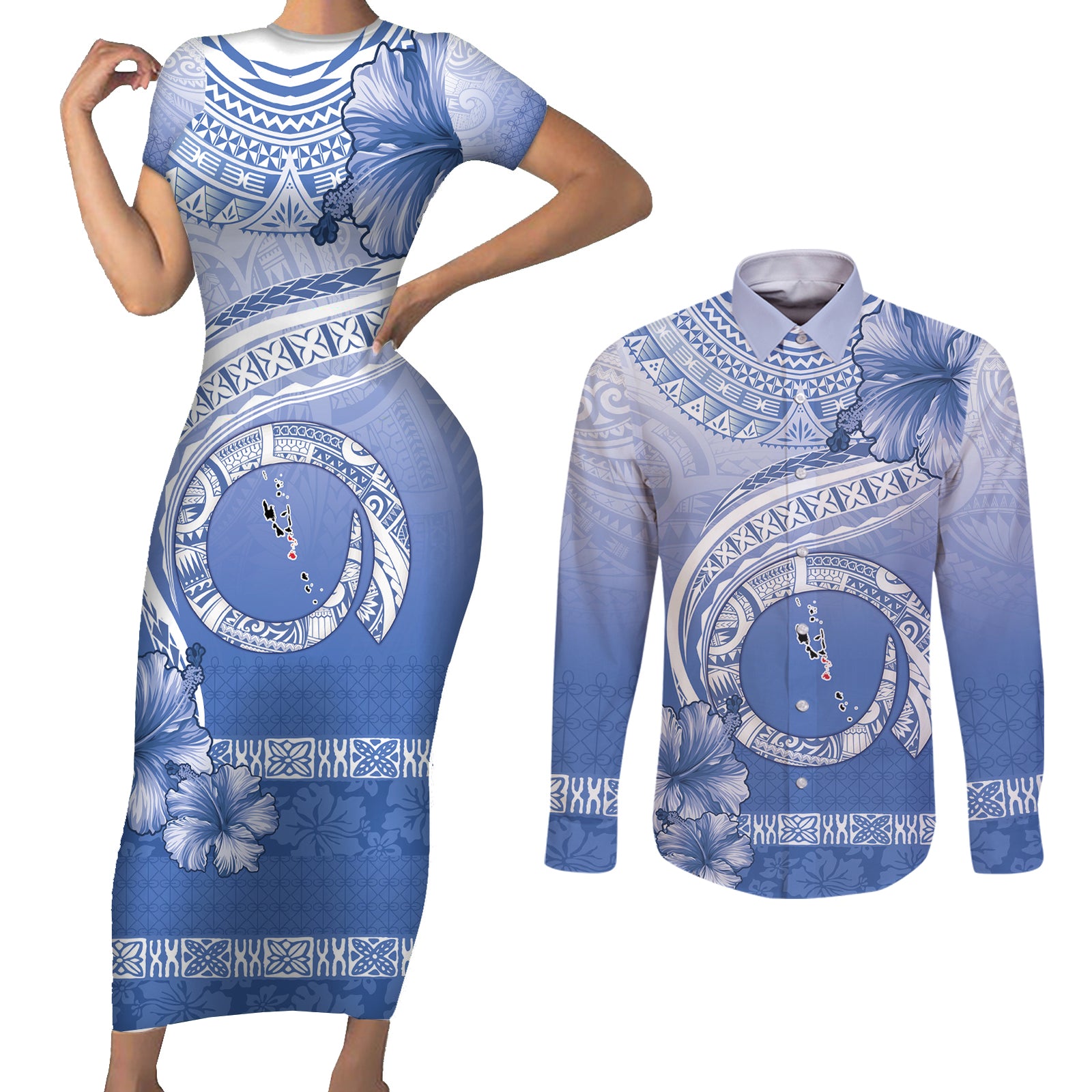 Shefa Vanuatu Couples Matching Short Sleeve Bodycon Dress and Long Sleeve Button Shirt Hibiscus Sand Drawing with Pacific Pattern LT9 Blue Art - Polynesian Pride