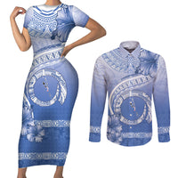 Shefa Vanuatu Couples Matching Short Sleeve Bodycon Dress and Long Sleeve Button Shirt Hibiscus Sand Drawing with Pacific Pattern LT9 Blue Art - Polynesian Pride