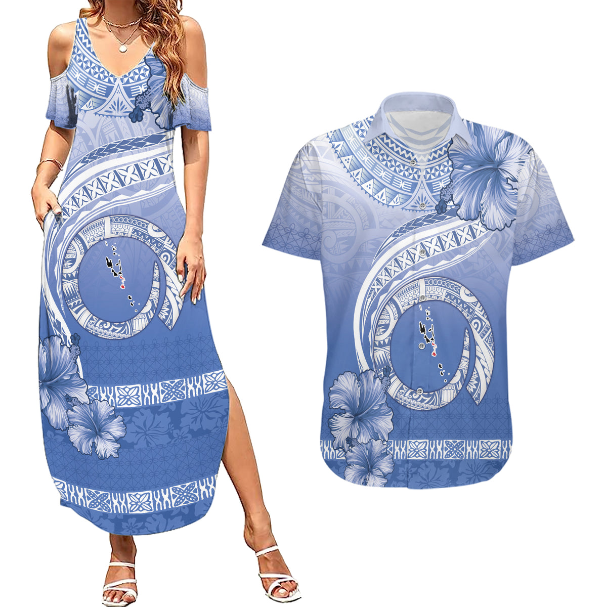Shefa Vanuatu Couples Matching Summer Maxi Dress and Hawaiian Shirt Hibiscus Sand Drawing with Pacific Pattern