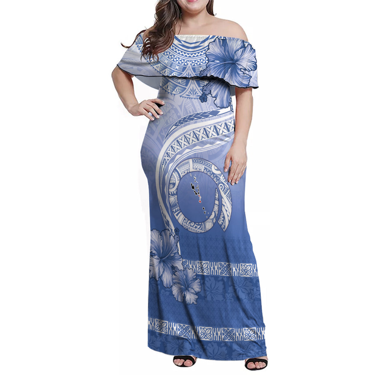 Shefa Vanuatu Family Matching Off Shoulder Maxi Dress and Hawaiian Shirt Hibiscus Sand Drawing with Pacific Pattern
