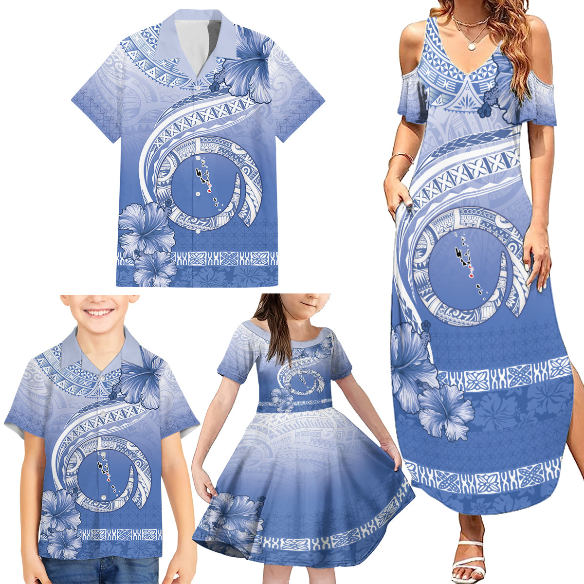 Shefa Vanuatu Family Matching Summer Maxi Dress and Hawaiian Shirt Hibiscus Sand Drawing with Pacific Pattern