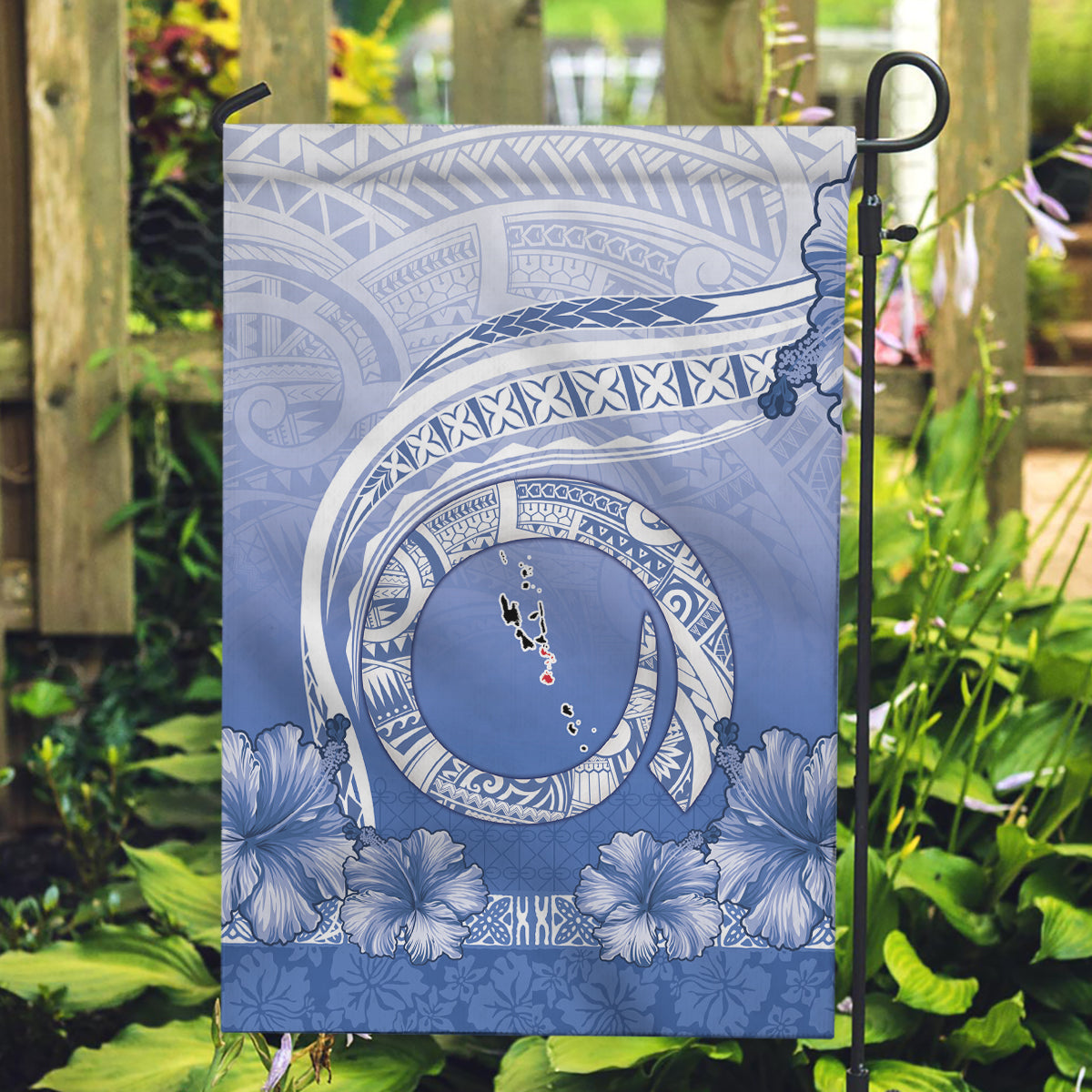 Shefa Vanuatu Garden Flag Hibiscus Sand Drawing with Pacific Pattern LT9 Garden Flag Blue Art - Polynesian Pride