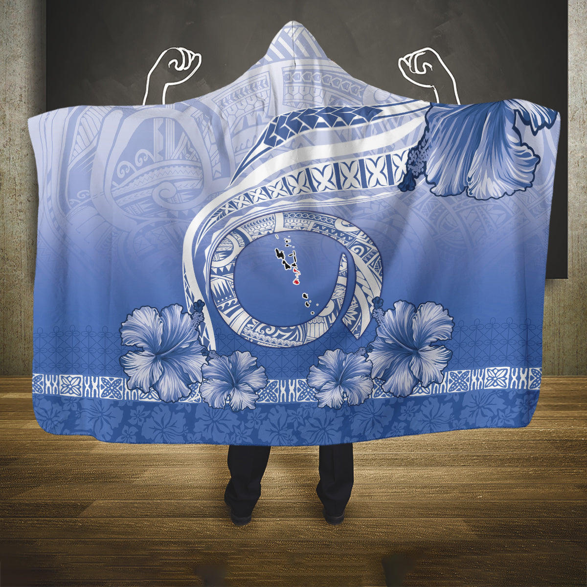 Shefa Vanuatu Hooded Blanket Hibiscus Sand Drawing with Pacific Pattern LT9 One Size Blue Art - Polynesian Pride