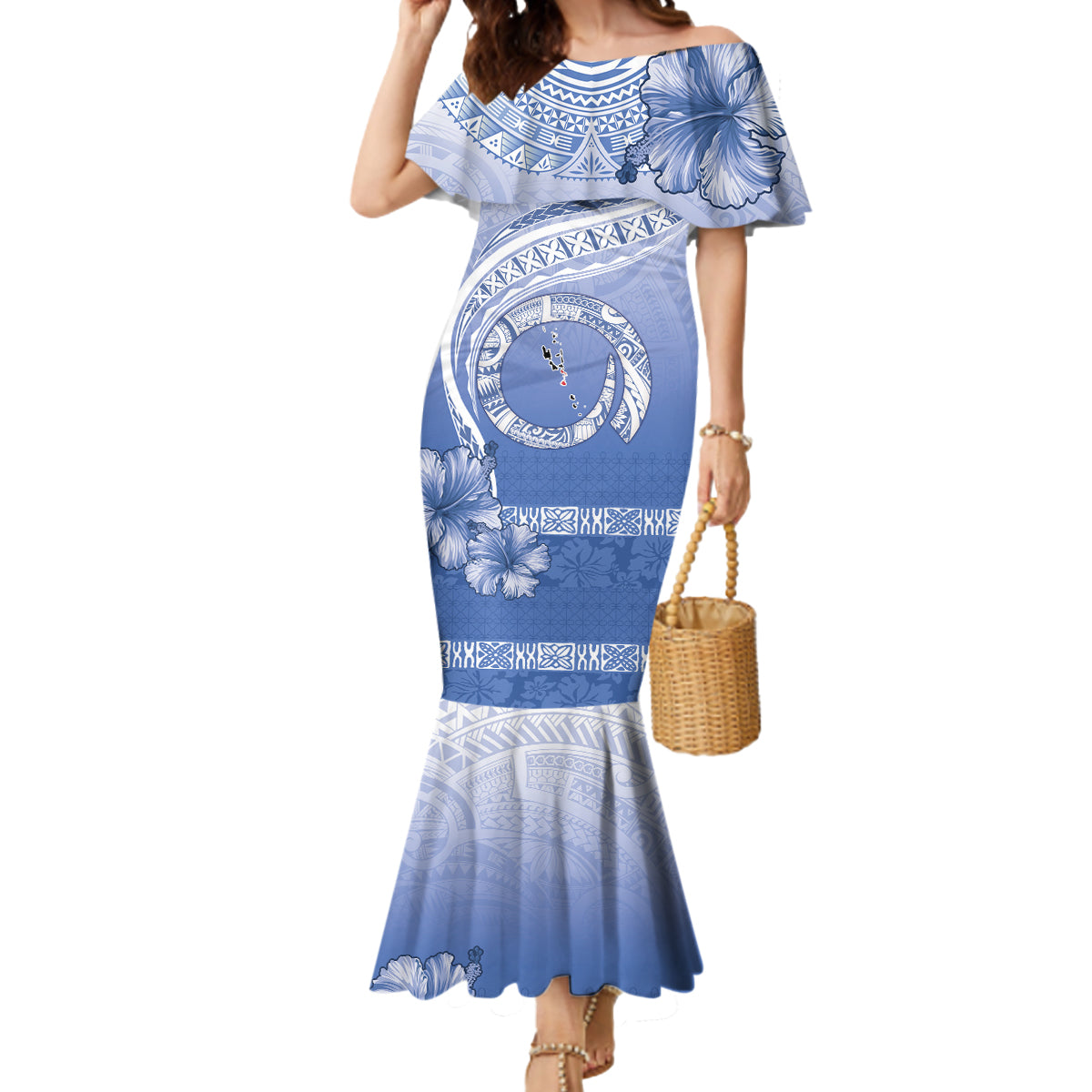 Shefa Vanuatu Mermaid Dress Hibiscus Sand Drawing with Pacific Pattern