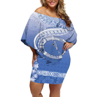 Shefa Vanuatu Off Shoulder Short Dress Hibiscus Sand Drawing with Pacific Pattern LT9 Women Blue Art - Polynesian Pride