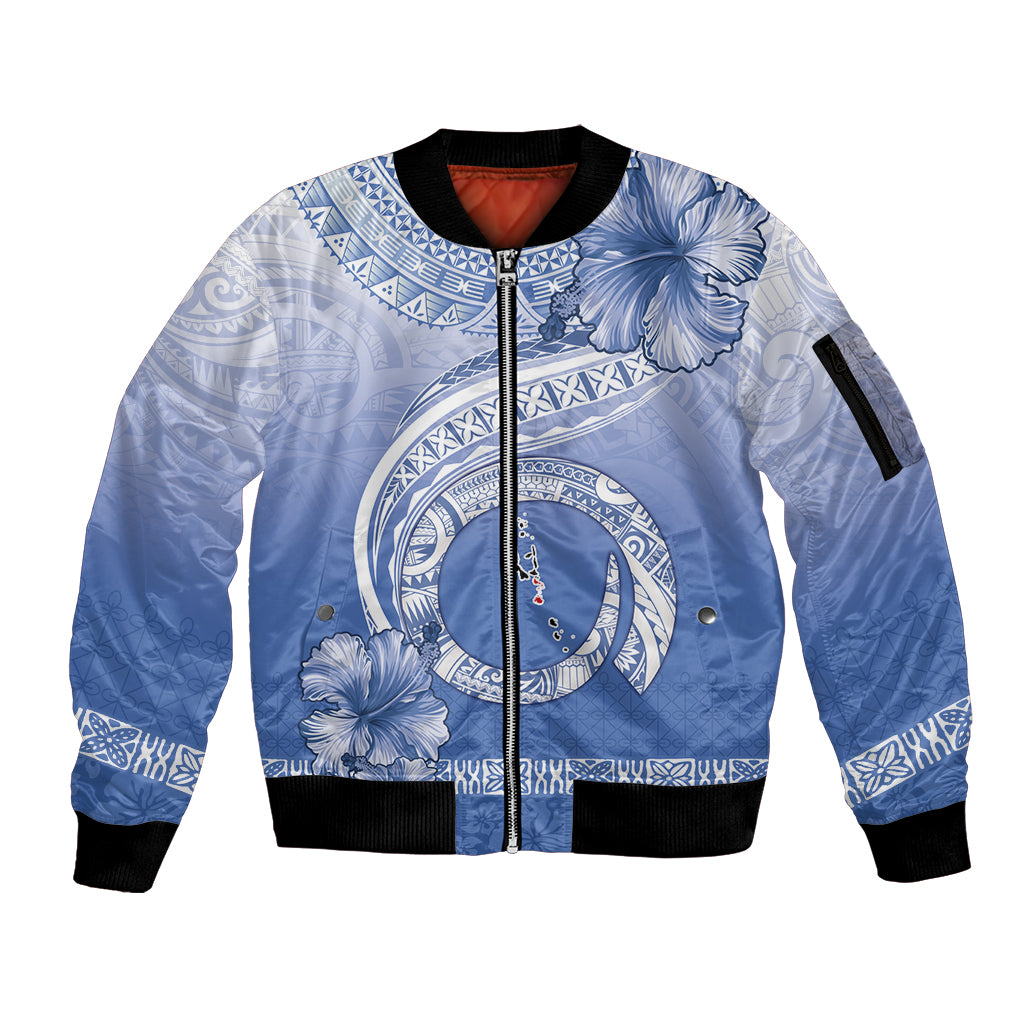 Shefa Vanuatu Sleeve Zip Bomber Jacket Hibiscus Sand Drawing with Pacific Pattern LT9 Unisex Blue Art - Polynesian Pride