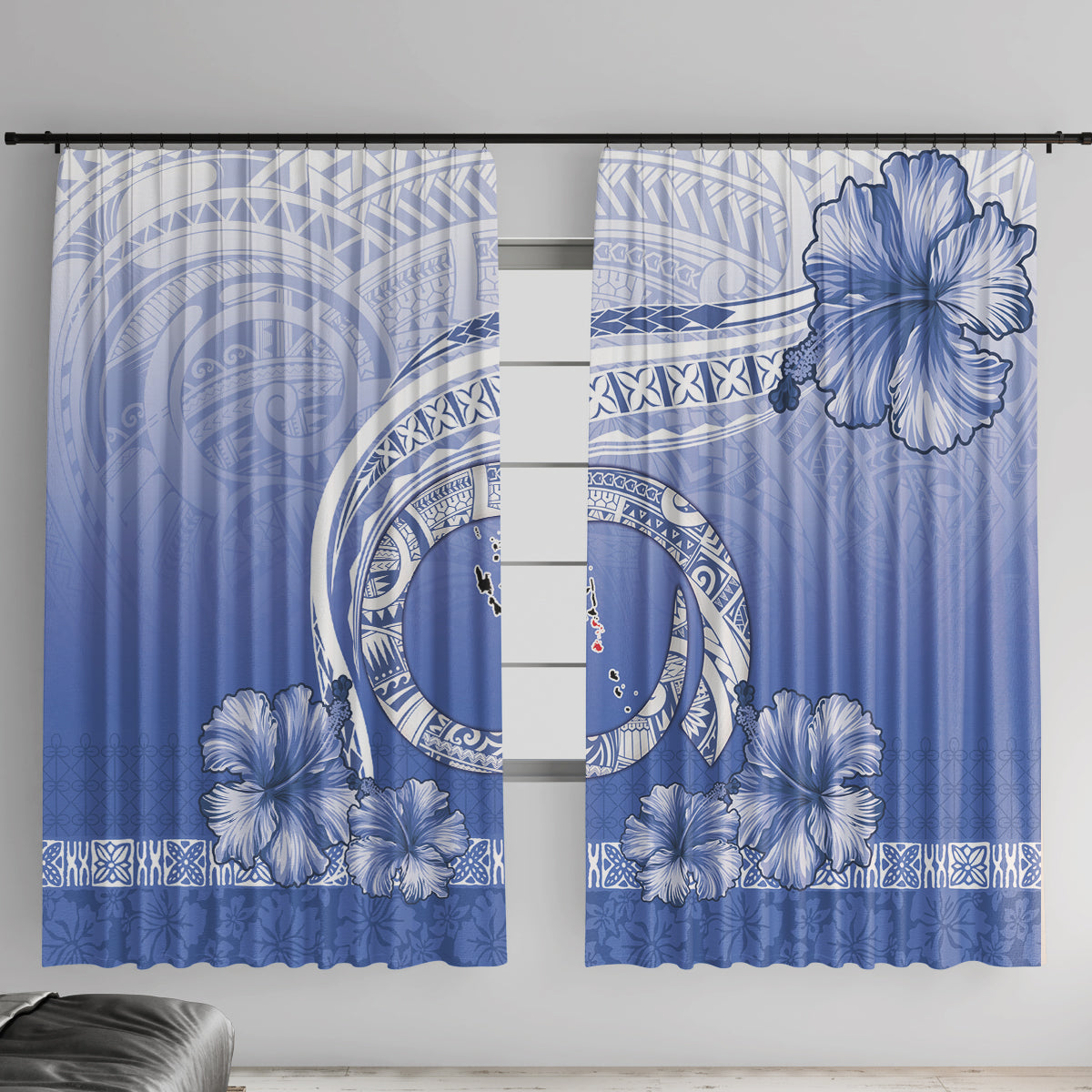 Shefa Vanuatu Window Curtain Hibiscus Sand Drawing with Pacific Pattern LT9 With Hooks Blue Art - Polynesian Pride