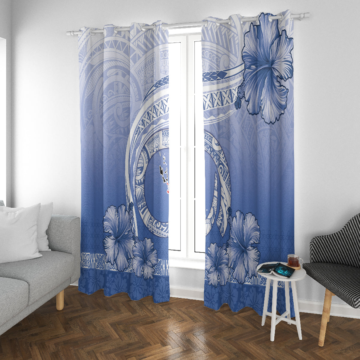 Shefa Vanuatu Window Curtain Hibiscus Sand Drawing with Pacific Pattern LT9 With Grommets Blue Art - Polynesian Pride