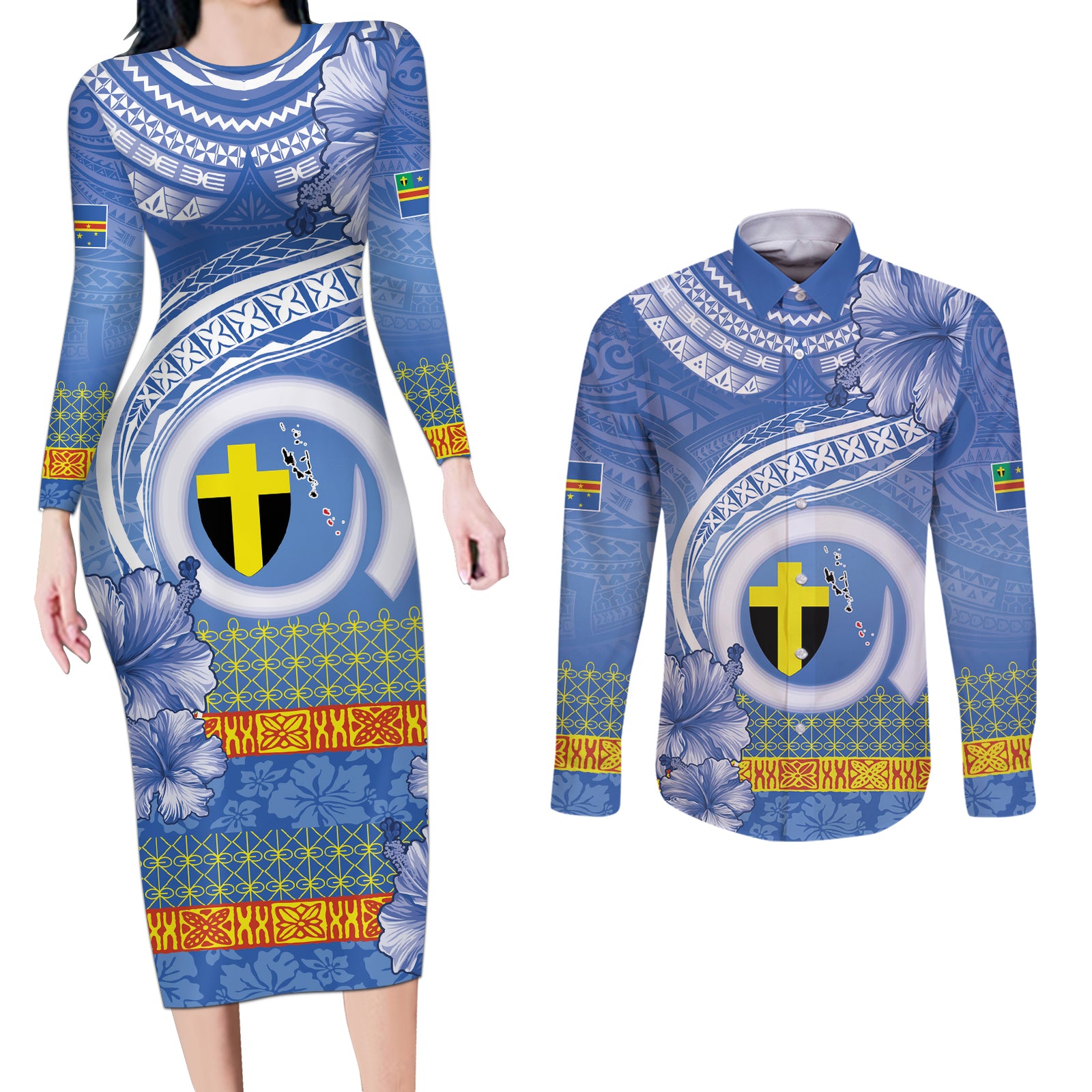 Tafea Vanuatu Couples Matching Long Sleeve Bodycon Dress and Long Sleeve Button Shirt Hibiscus Sand Drawing with Pacific Pattern LT9 Blue Art - Polynesian Pride