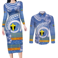 Tafea Vanuatu Couples Matching Long Sleeve Bodycon Dress and Long Sleeve Button Shirt Hibiscus Sand Drawing with Pacific Pattern LT9 Blue Art - Polynesian Pride