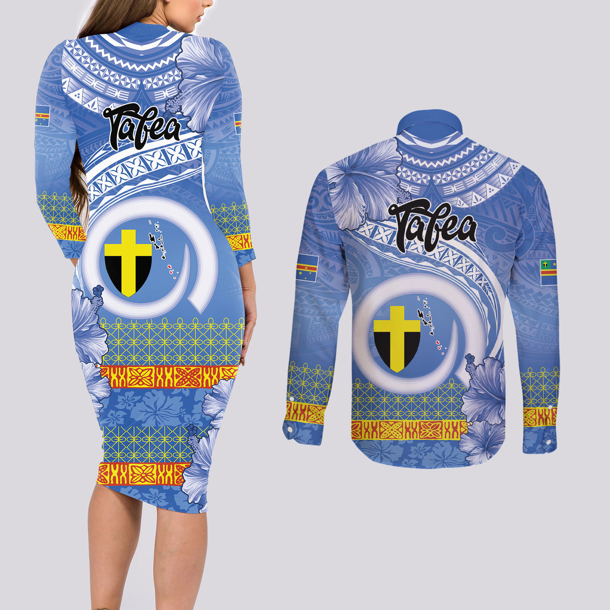 Tafea Vanuatu Couples Matching Long Sleeve Bodycon Dress and Long Sleeve Button Shirt Hibiscus Sand Drawing with Pacific Pattern LT9 - Polynesian Pride