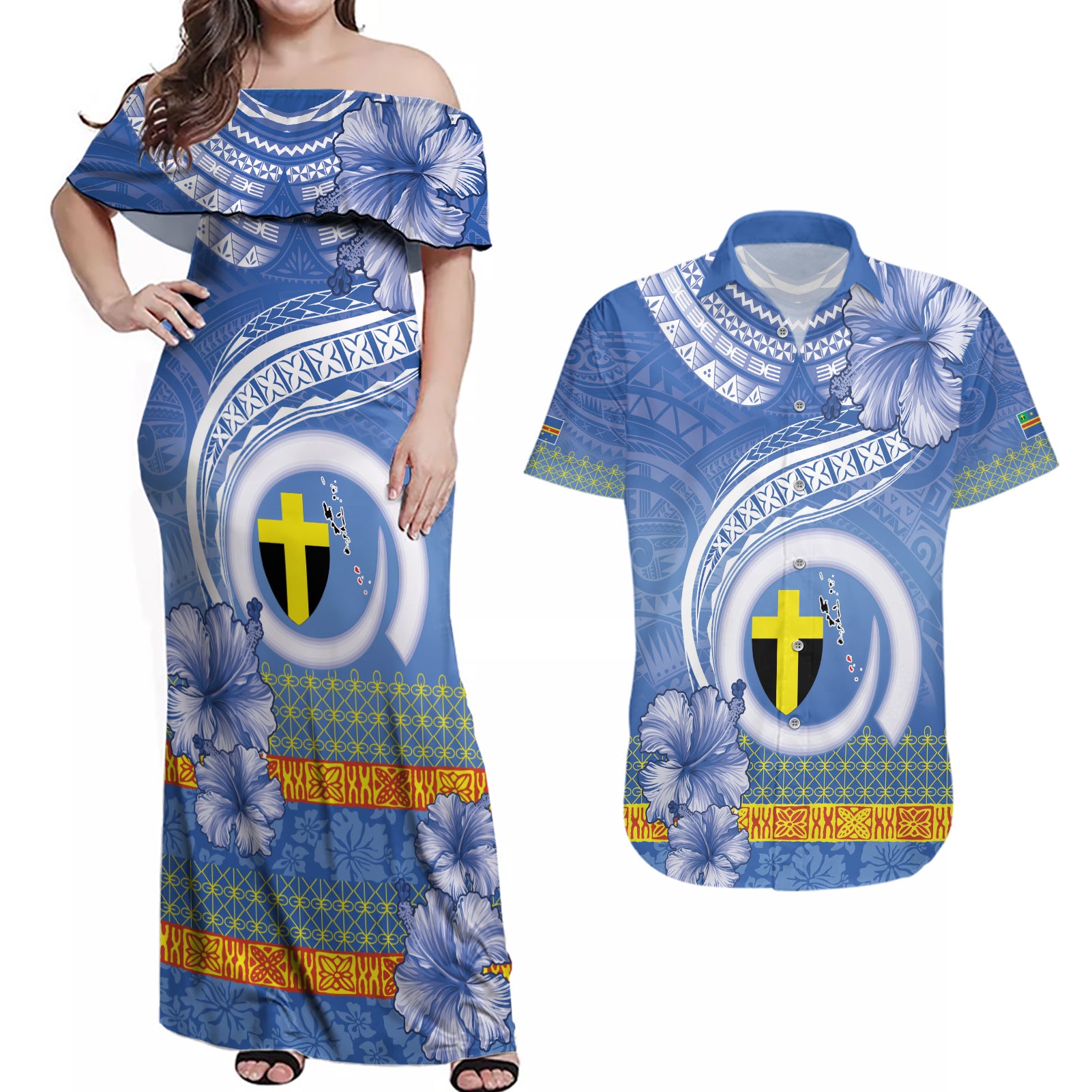 Tafea Vanuatu Couples Matching Off Shoulder Maxi Dress and Hawaiian Shirt Hibiscus Sand Drawing with Pacific Pattern