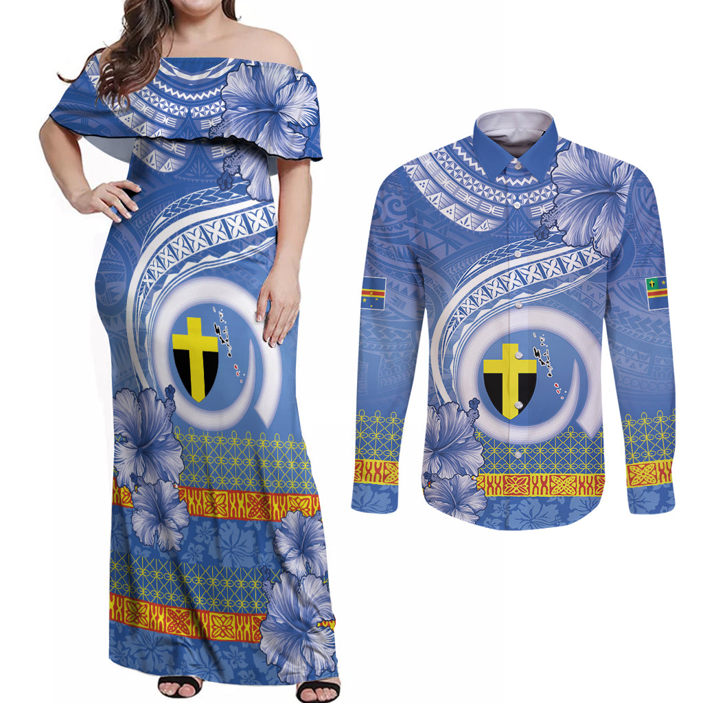 Tafea Vanuatu Couples Matching Off Shoulder Maxi Dress and Long Sleeve Button Shirt Hibiscus Sand Drawing with Pacific Pattern LT9 Blue Art - Polynesian Pride