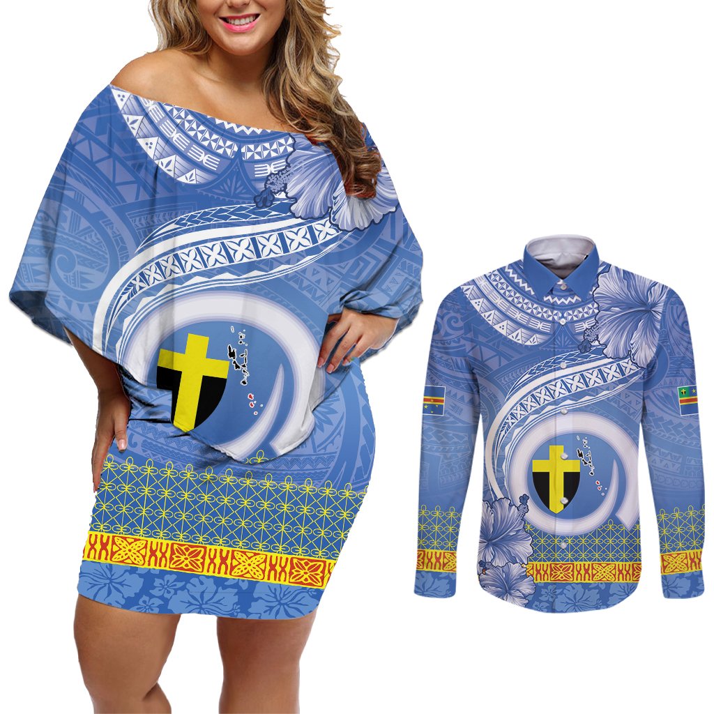 Tafea Vanuatu Couples Matching Off Shoulder Short Dress and Long Sleeve Button Shirt Hibiscus Sand Drawing with Pacific Pattern LT9 Blue Art - Polynesian Pride