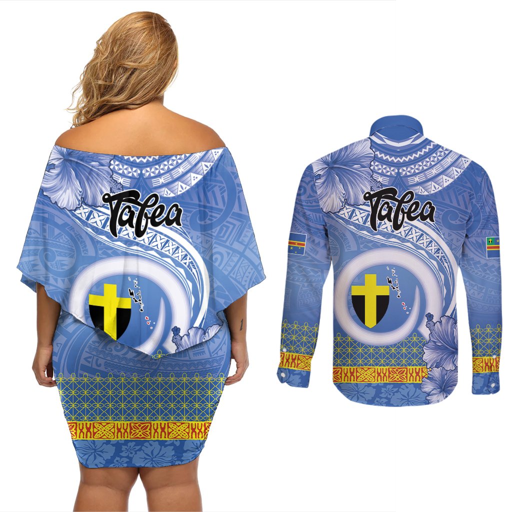 Tafea Vanuatu Couples Matching Off Shoulder Short Dress and Long Sleeve Button Shirt Hibiscus Sand Drawing with Pacific Pattern LT9 - Polynesian Pride