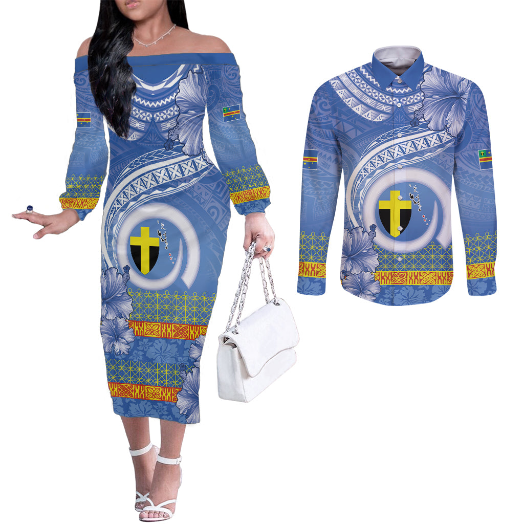 Tafea Vanuatu Couples Matching Off The Shoulder Long Sleeve Dress and Long Sleeve Button Shirt Hibiscus Sand Drawing with Pacific Pattern LT9 Blue Art - Polynesian Pride