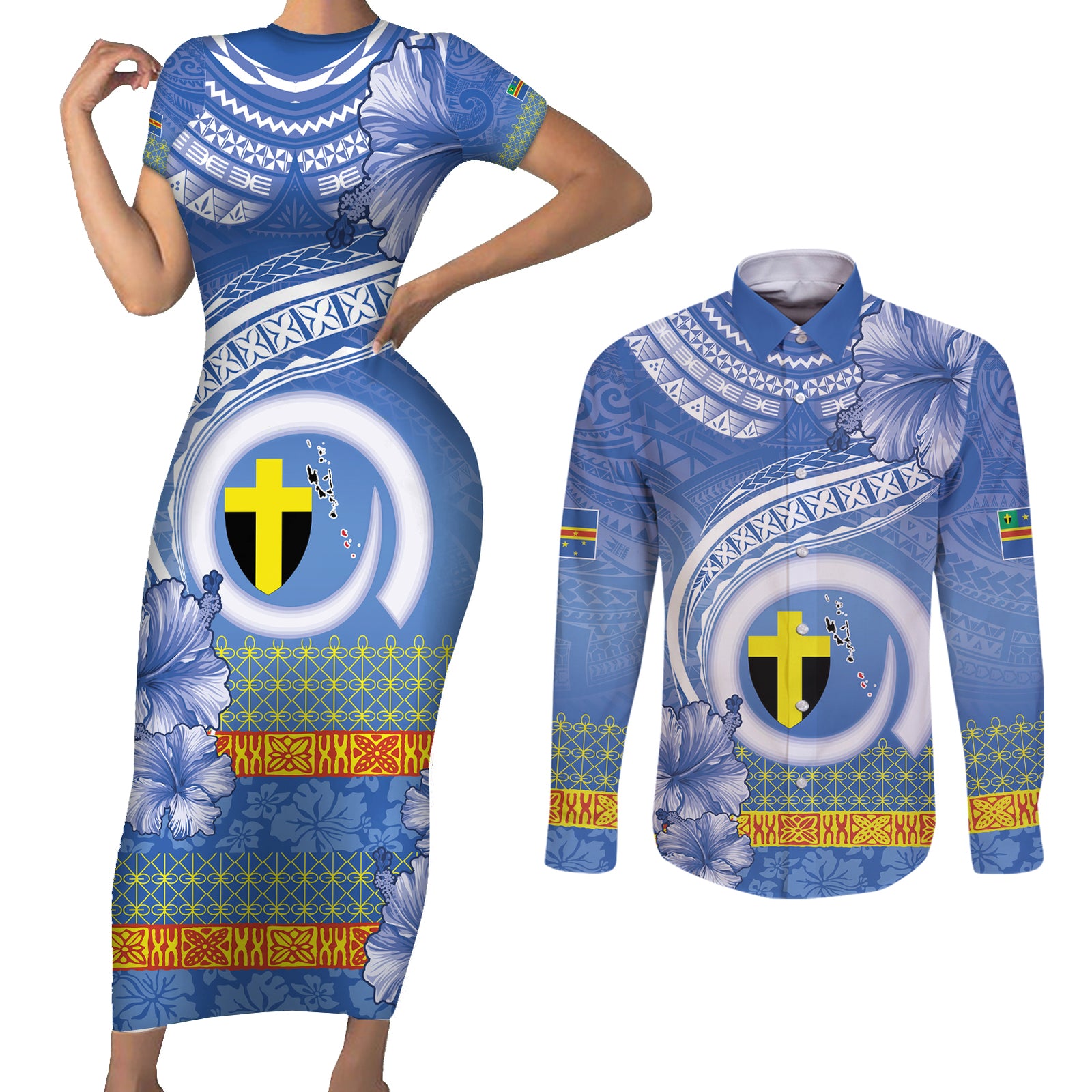 Tafea Vanuatu Couples Matching Short Sleeve Bodycon Dress and Long Sleeve Button Shirt Hibiscus Sand Drawing with Pacific Pattern LT9 Blue Art - Polynesian Pride