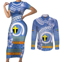 Tafea Vanuatu Couples Matching Short Sleeve Bodycon Dress and Long Sleeve Button Shirt Hibiscus Sand Drawing with Pacific Pattern LT9 Blue Art - Polynesian Pride