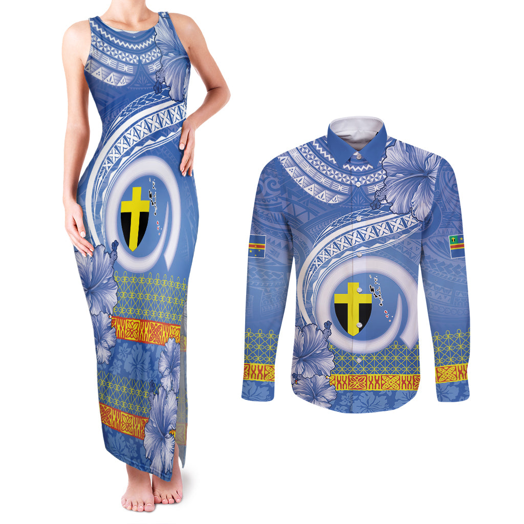 Tafea Vanuatu Couples Matching Tank Maxi Dress and Long Sleeve Button Shirt Hibiscus Sand Drawing with Pacific Pattern LT9 Blue Art - Polynesian Pride