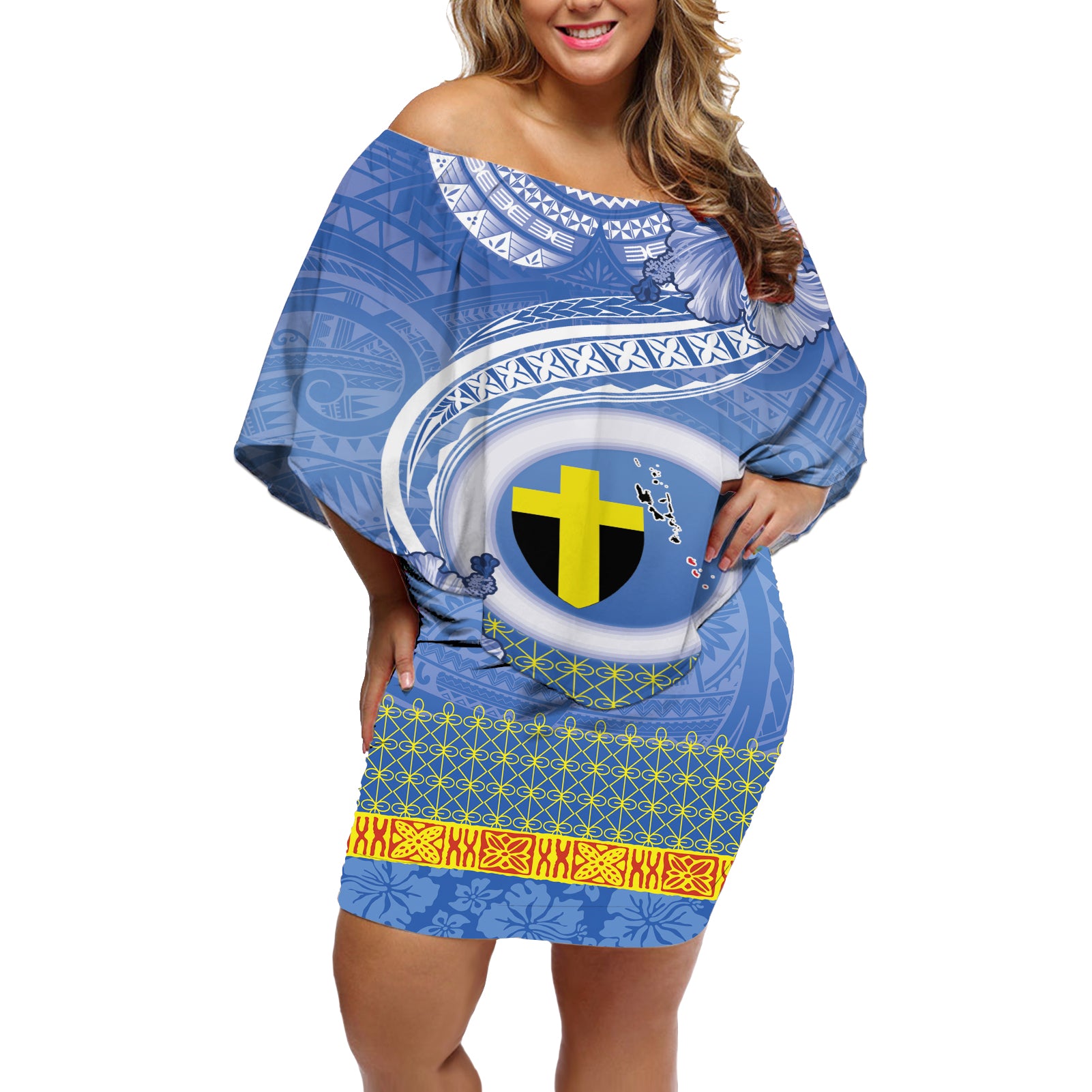 Tafea Vanuatu Off Shoulder Short Dress Hibiscus Sand Drawing with Pacific Pattern