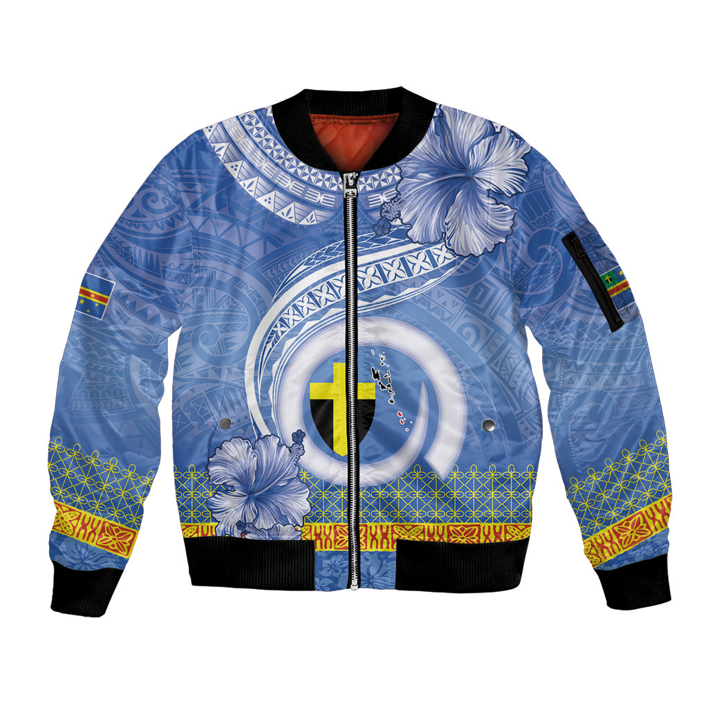 Tafea Vanuatu Sleeve Zip Bomber Jacket Hibiscus Sand Drawing with Pacific Pattern LT9 Unisex Blue Art - Polynesian Pride