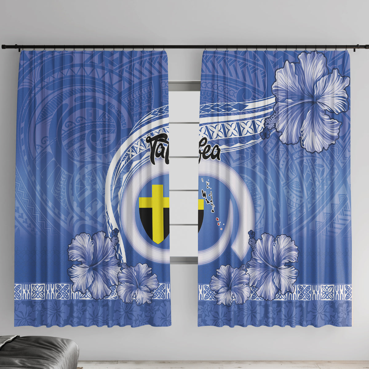 Tafea Vanuatu Window Curtain Hibiscus Sand Drawing with Pacific Pattern LT9 With Hooks Blue Art - Polynesian Pride
