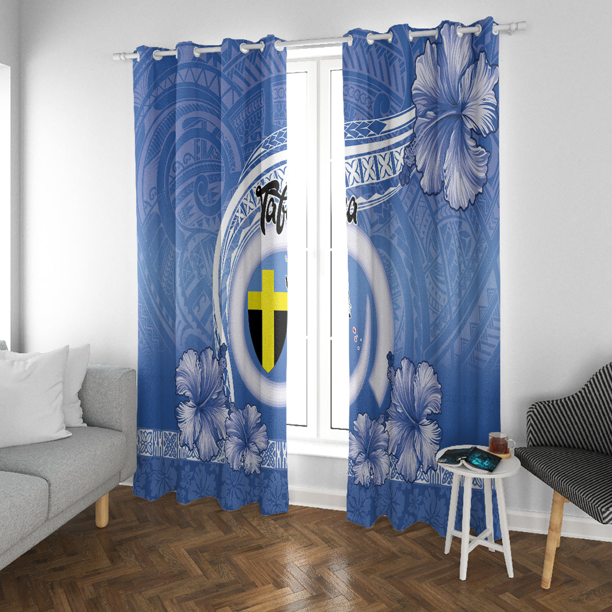 Tafea Vanuatu Window Curtain Hibiscus Sand Drawing with Pacific Pattern LT9 With Grommets Blue Art - Polynesian Pride