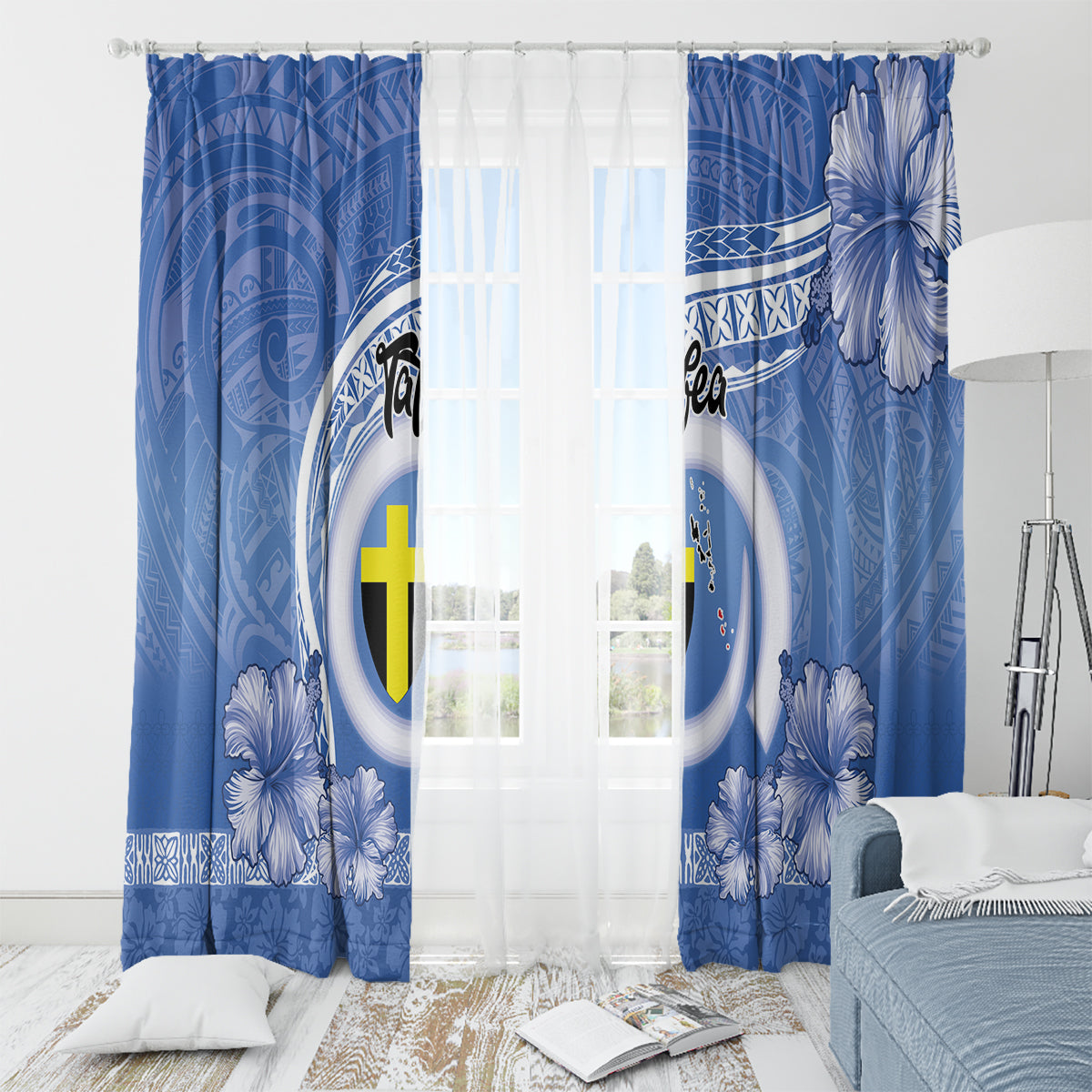 Tafea Vanuatu Window Curtain Hibiscus Sand Drawing with Pacific Pattern LT9 - Polynesian Pride