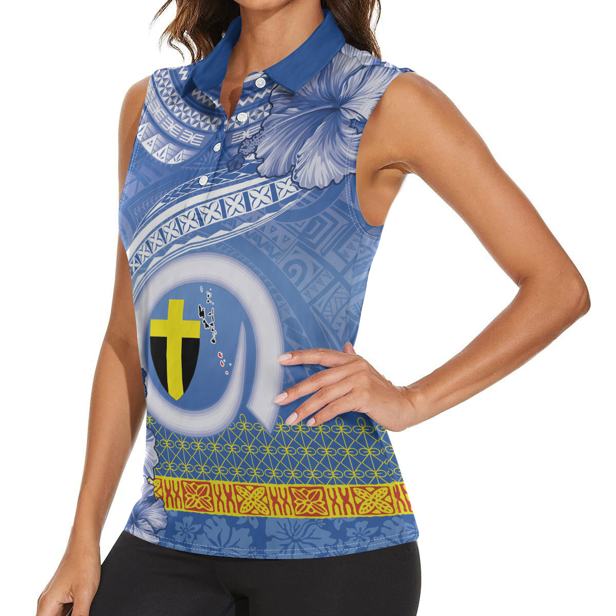 Tafea Vanuatu Women Sleeveless Polo Shirt Hibiscus Sand Drawing with Pacific Pattern