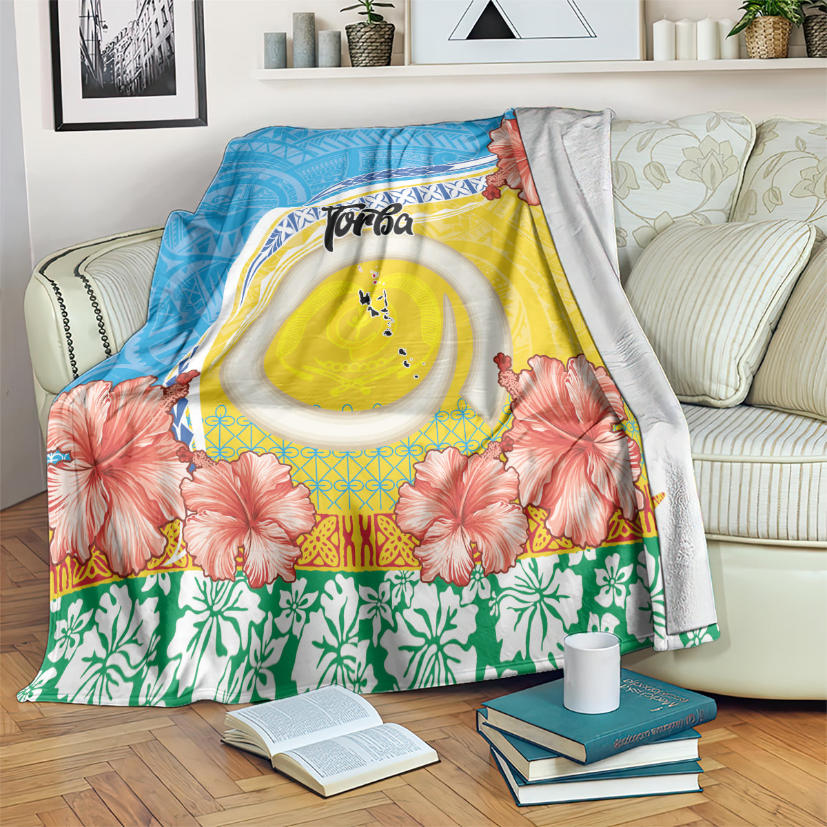 Torba Vanuatu Blanket Hibiscus Sand Drawing with Pacific Pattern LT9 Green Gold - Polynesian Pride