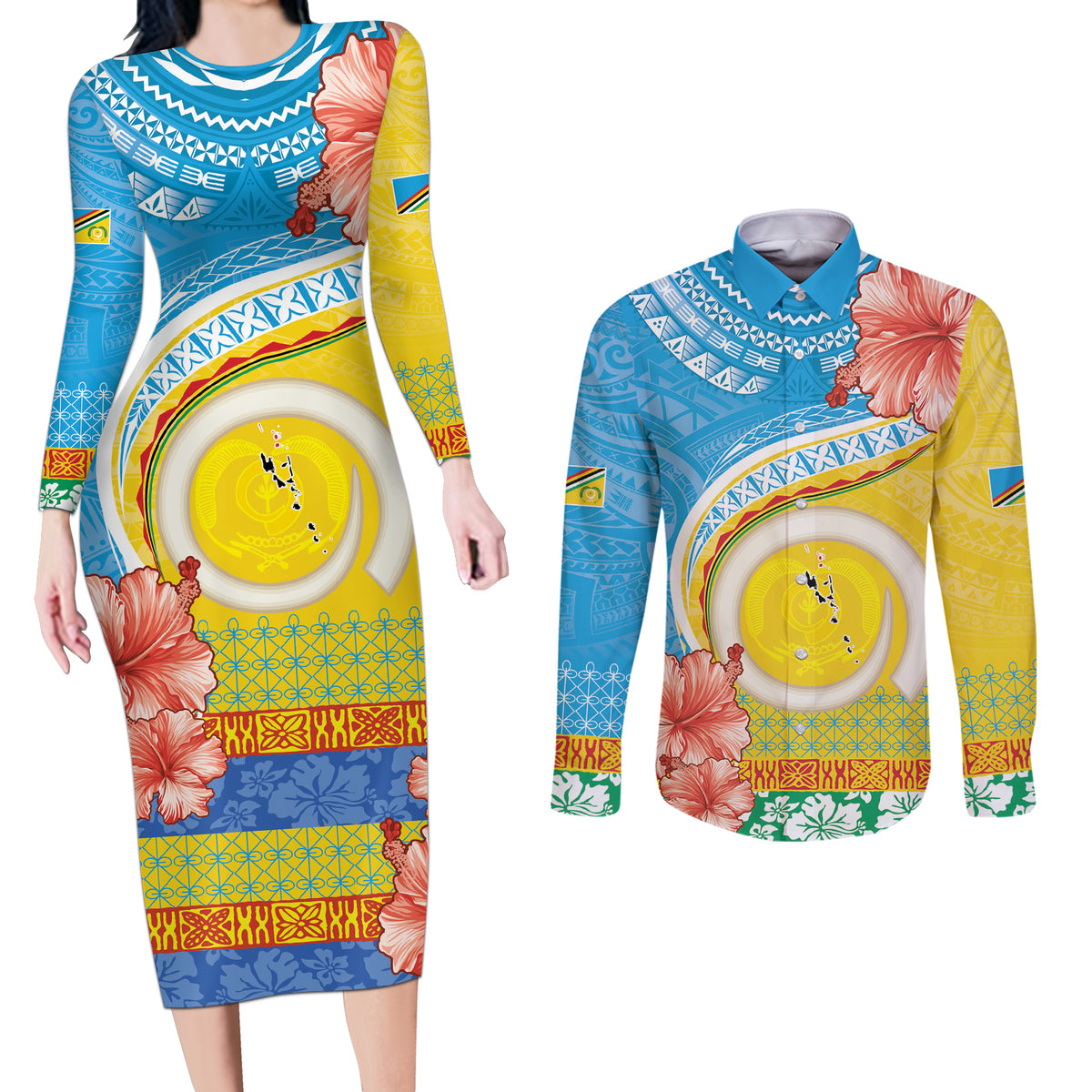 Torba Vanuatu Couples Matching Long Sleeve Bodycon Dress and Long Sleeve Button Shirt Hibiscus Sand Drawing with Pacific Pattern LT9 Green Gold - Polynesian Pride