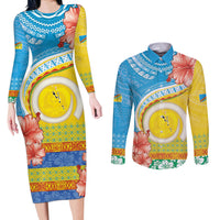 Torba Vanuatu Couples Matching Long Sleeve Bodycon Dress and Long Sleeve Button Shirt Hibiscus Sand Drawing with Pacific Pattern LT9 Green Gold - Polynesian Pride