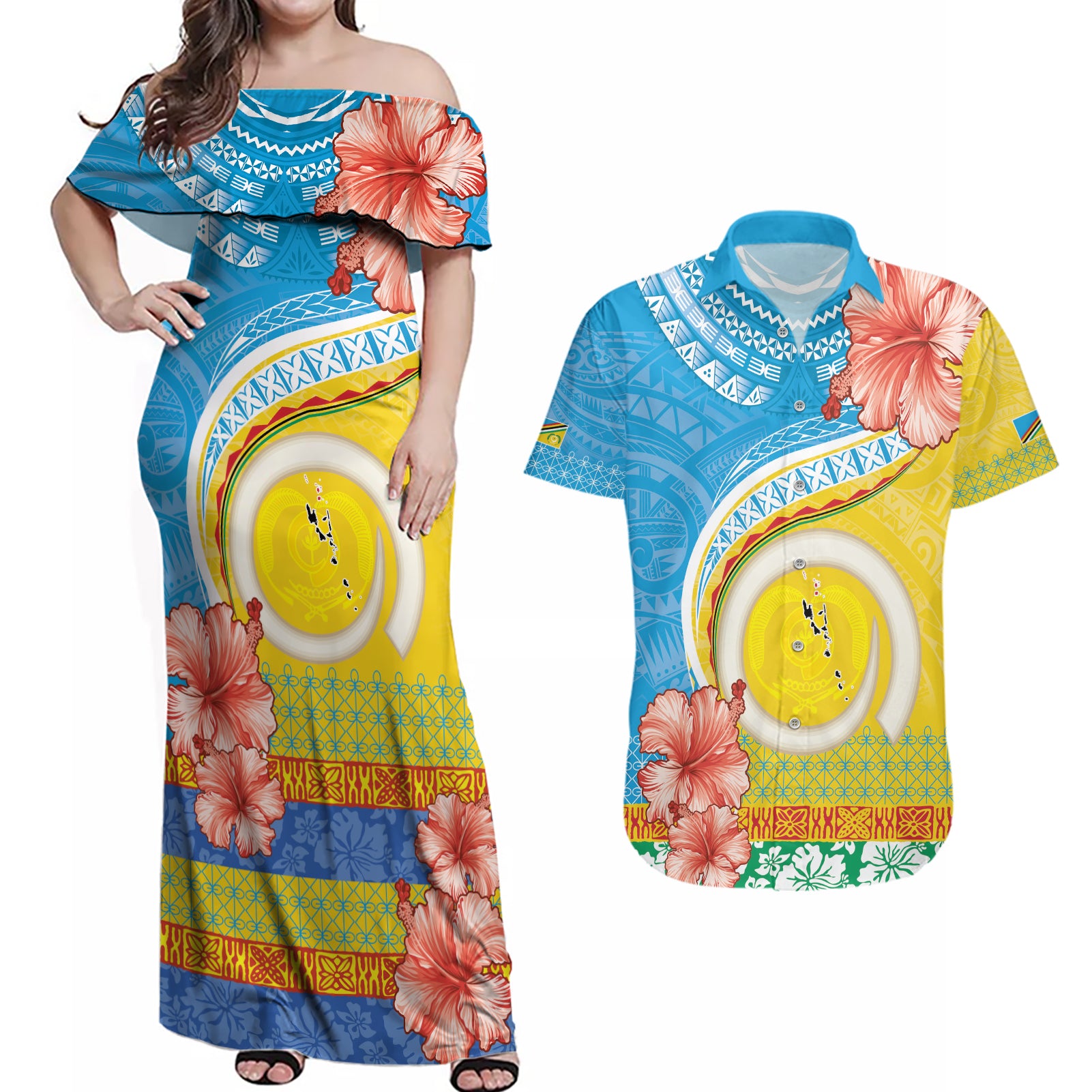 Torba Vanuatu Couples Matching Off Shoulder Maxi Dress and Hawaiian Shirt Hibiscus Sand Drawing with Pacific Pattern