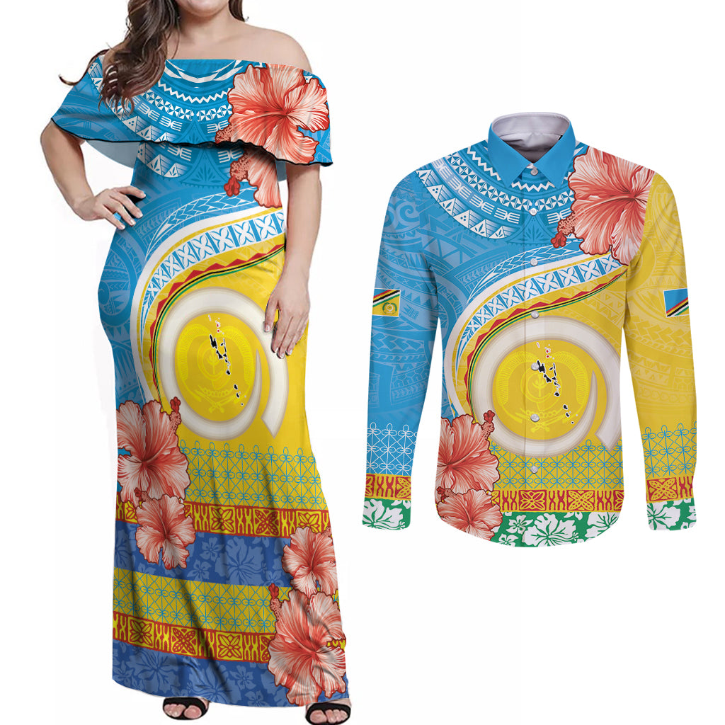 Torba Vanuatu Couples Matching Off Shoulder Maxi Dress and Long Sleeve Button Shirt Hibiscus Sand Drawing with Pacific Pattern LT9 Green Gold - Polynesian Pride