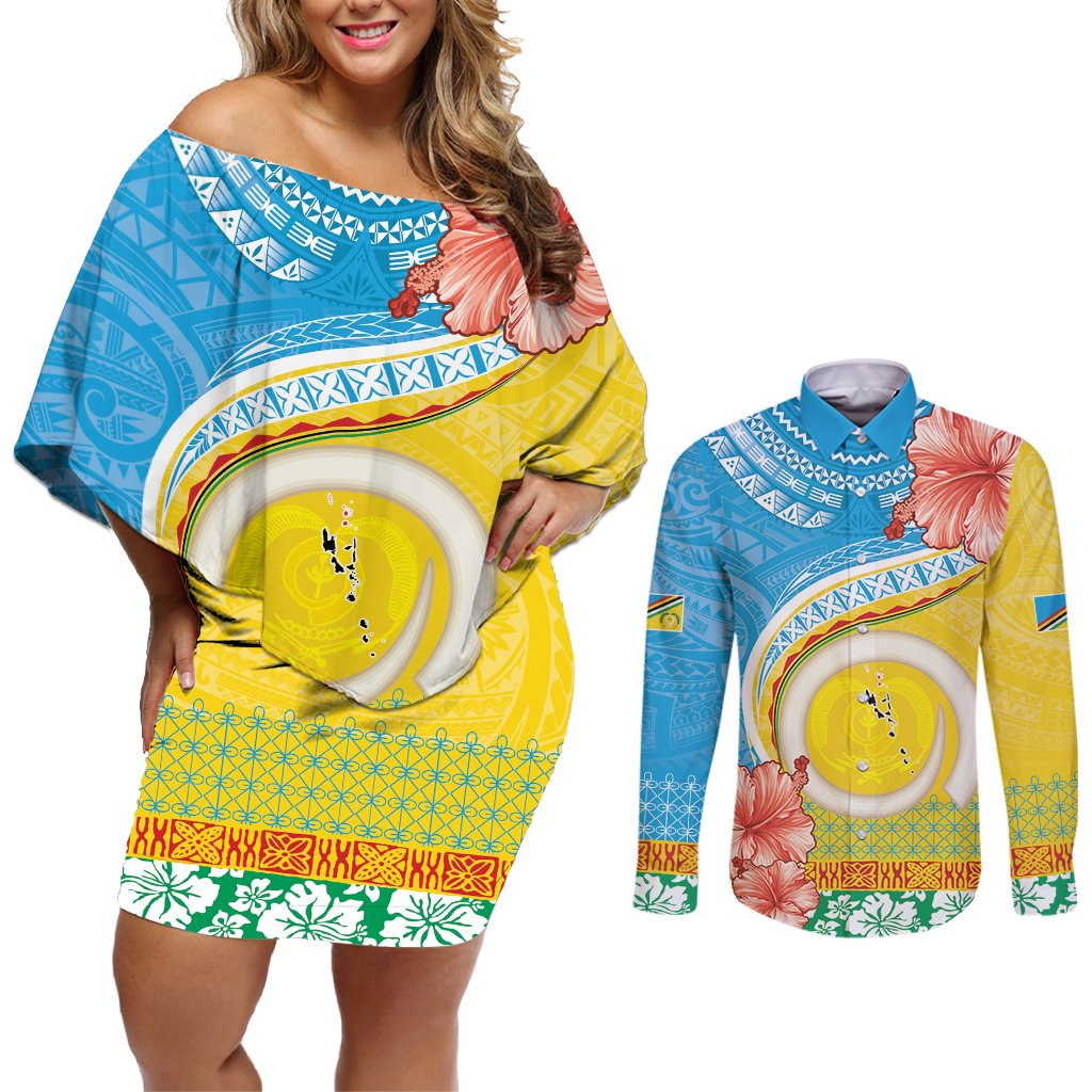 Torba Vanuatu Couples Matching Off Shoulder Short Dress and Long Sleeve Button Shirt Hibiscus Sand Drawing with Pacific Pattern LT9 Green Gold - Polynesian Pride