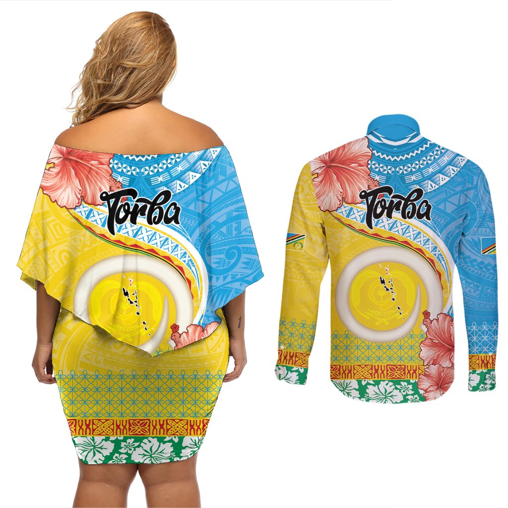 Torba Vanuatu Couples Matching Off Shoulder Short Dress and Long Sleeve Button Shirt Hibiscus Sand Drawing with Pacific Pattern LT9 - Polynesian Pride