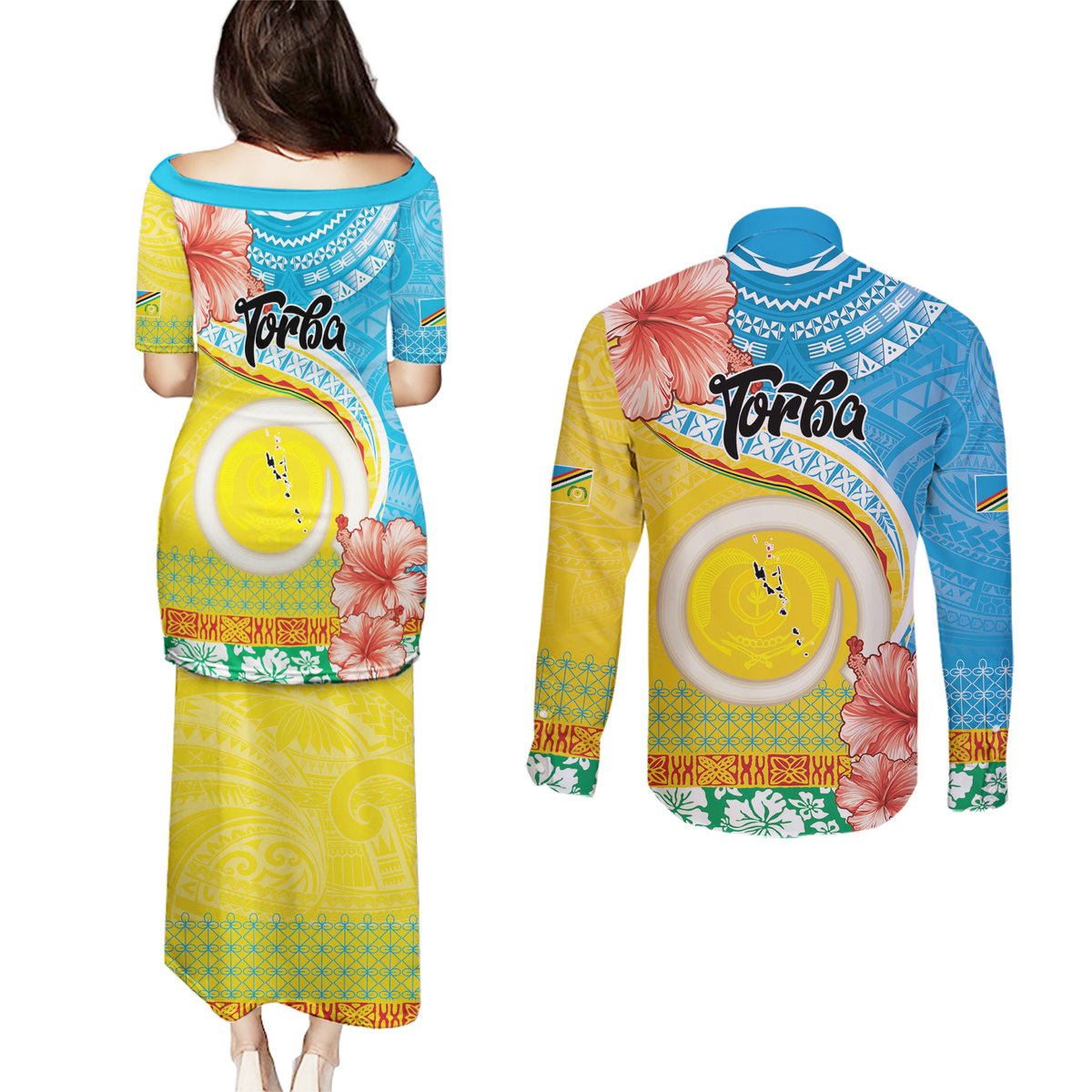 Torba Vanuatu Couples Matching Puletasi and Long Sleeve Button Shirt Hibiscus Sand Drawing with Pacific Pattern LT9 - Polynesian Pride