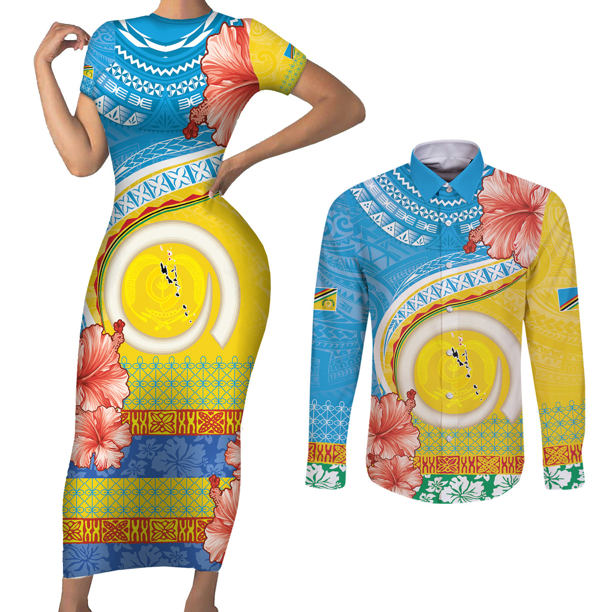 Torba Vanuatu Couples Matching Short Sleeve Bodycon Dress and Long Sleeve Button Shirt Hibiscus Sand Drawing with Pacific Pattern LT9 Green Gold - Polynesian Pride