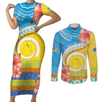 Torba Vanuatu Couples Matching Short Sleeve Bodycon Dress and Long Sleeve Button Shirt Hibiscus Sand Drawing with Pacific Pattern LT9 Green Gold - Polynesian Pride