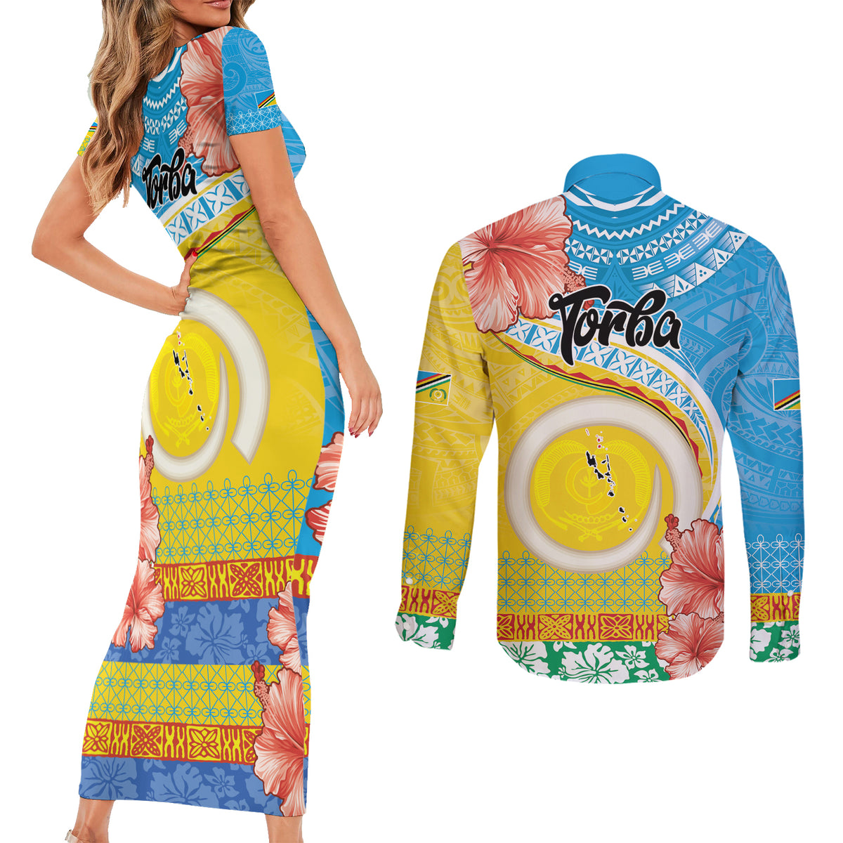 Torba Vanuatu Couples Matching Short Sleeve Bodycon Dress and Long Sleeve Button Shirt Hibiscus Sand Drawing with Pacific Pattern LT9 - Polynesian Pride