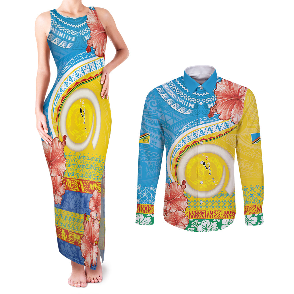 Torba Vanuatu Couples Matching Tank Maxi Dress and Long Sleeve Button Shirt Hibiscus Sand Drawing with Pacific Pattern LT9 Green Gold - Polynesian Pride