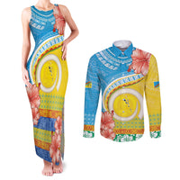 Torba Vanuatu Couples Matching Tank Maxi Dress and Long Sleeve Button Shirt Hibiscus Sand Drawing with Pacific Pattern LT9 Green Gold - Polynesian Pride