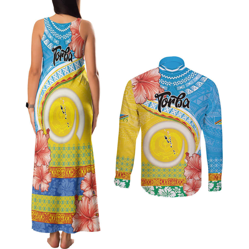 Torba Vanuatu Couples Matching Tank Maxi Dress and Long Sleeve Button Shirt Hibiscus Sand Drawing with Pacific Pattern LT9 - Polynesian Pride