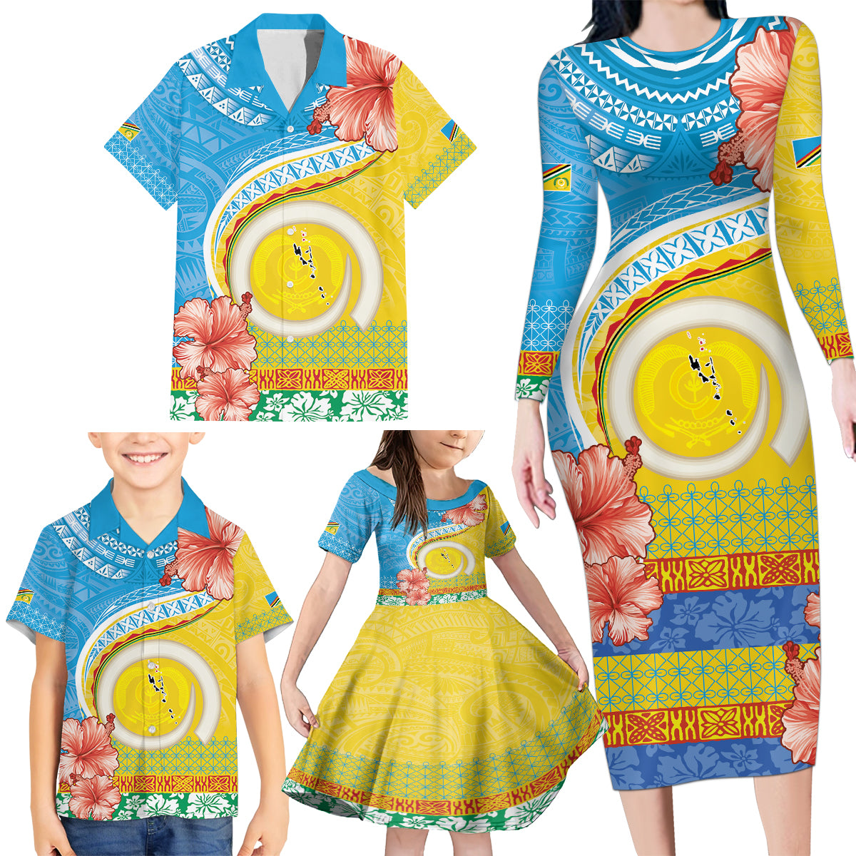 Torba Vanuatu Family Matching Long Sleeve Bodycon Dress and Hawaiian Shirt Hibiscus Sand Drawing with Pacific Pattern