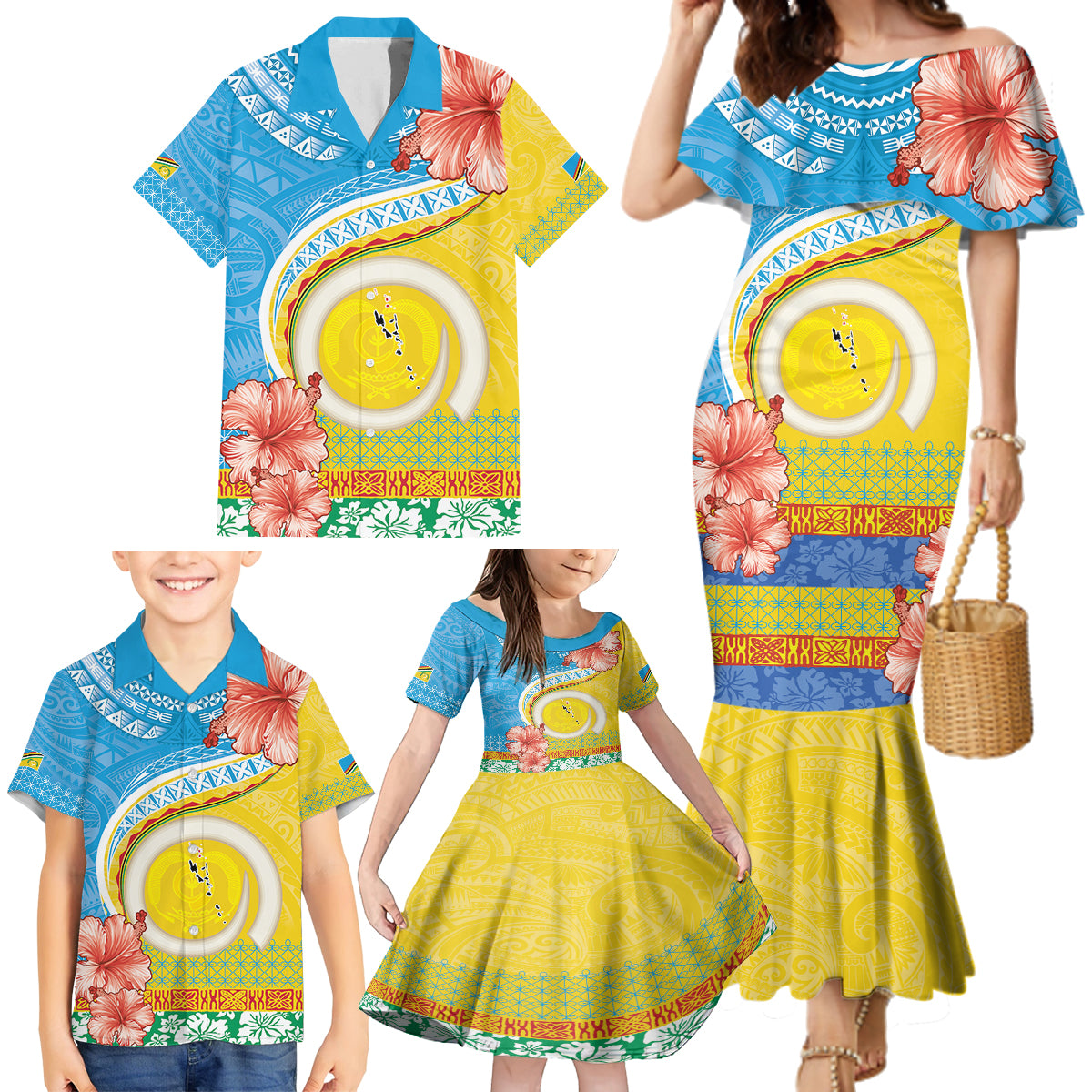 Torba Vanuatu Family Matching Mermaid Dress and Hawaiian Shirt Hibiscus Sand Drawing with Pacific Pattern