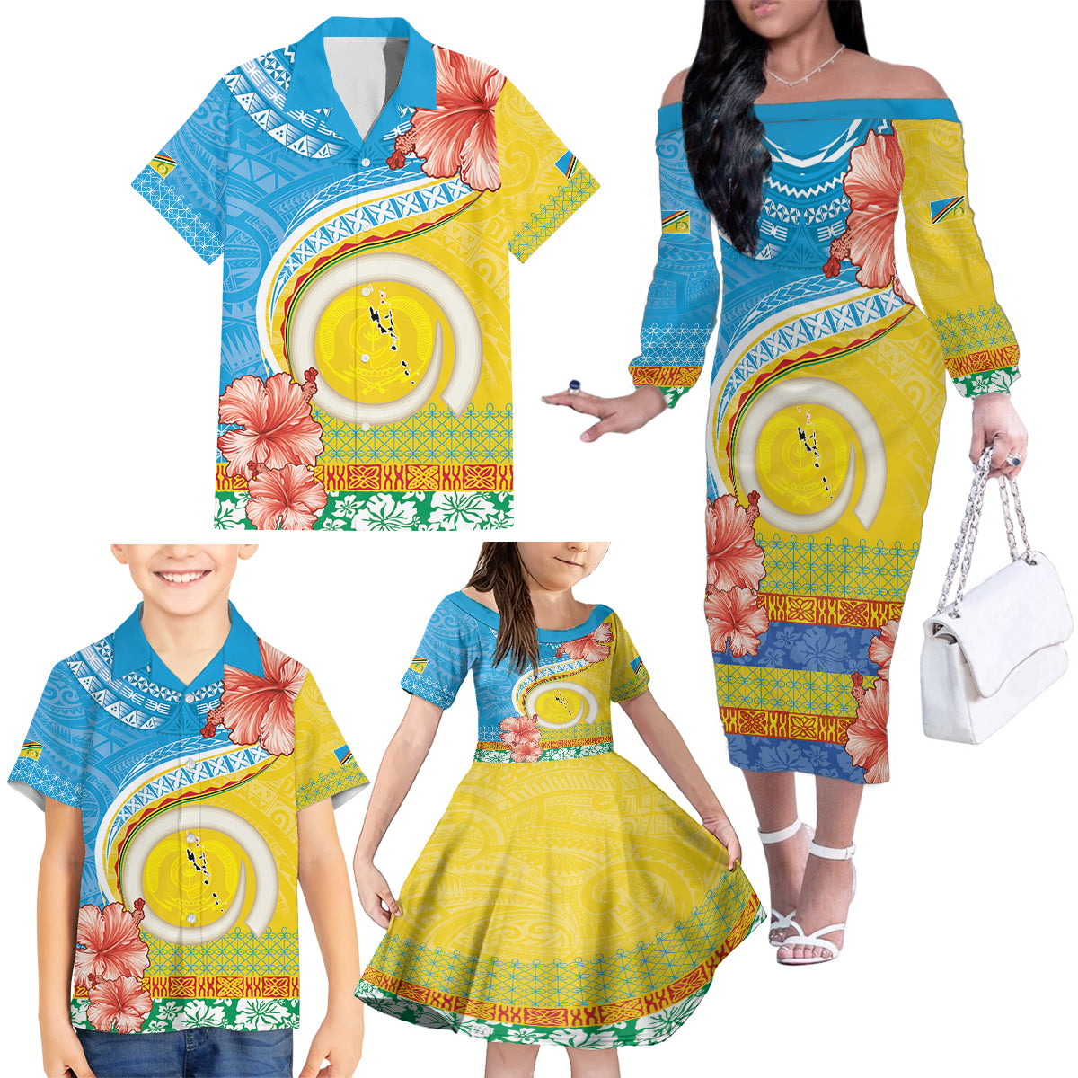 Torba Vanuatu Family Matching Off The Shoulder Long Sleeve Dress and Hawaiian Shirt Hibiscus Sand Drawing with Pacific Pattern