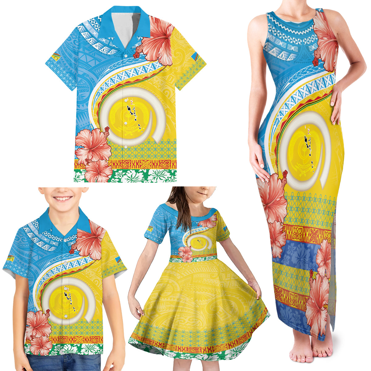 Torba Vanuatu Family Matching Tank Maxi Dress and Hawaiian Shirt Hibiscus Sand Drawing with Pacific Pattern