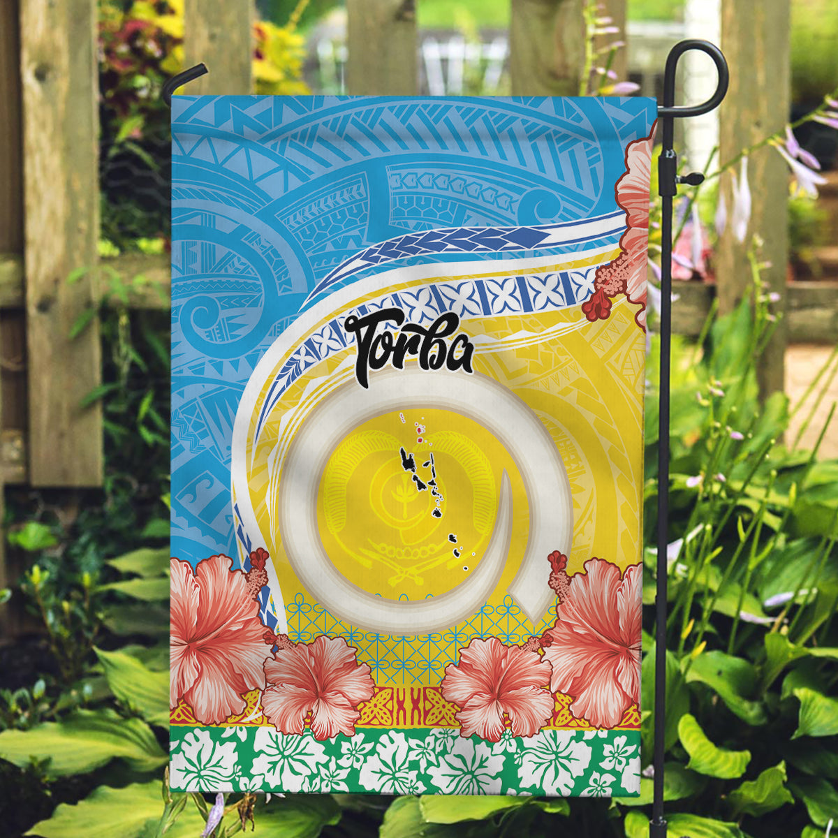Torba Vanuatu Garden Flag Hibiscus Sand Drawing with Pacific Pattern LT9 Garden Flag Green Gold - Polynesian Pride