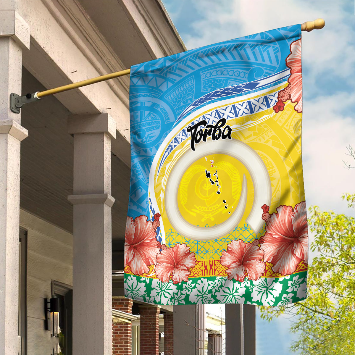 Torba Vanuatu Garden Flag Hibiscus Sand Drawing with Pacific Pattern LT9 House Flag Green Gold - Polynesian Pride